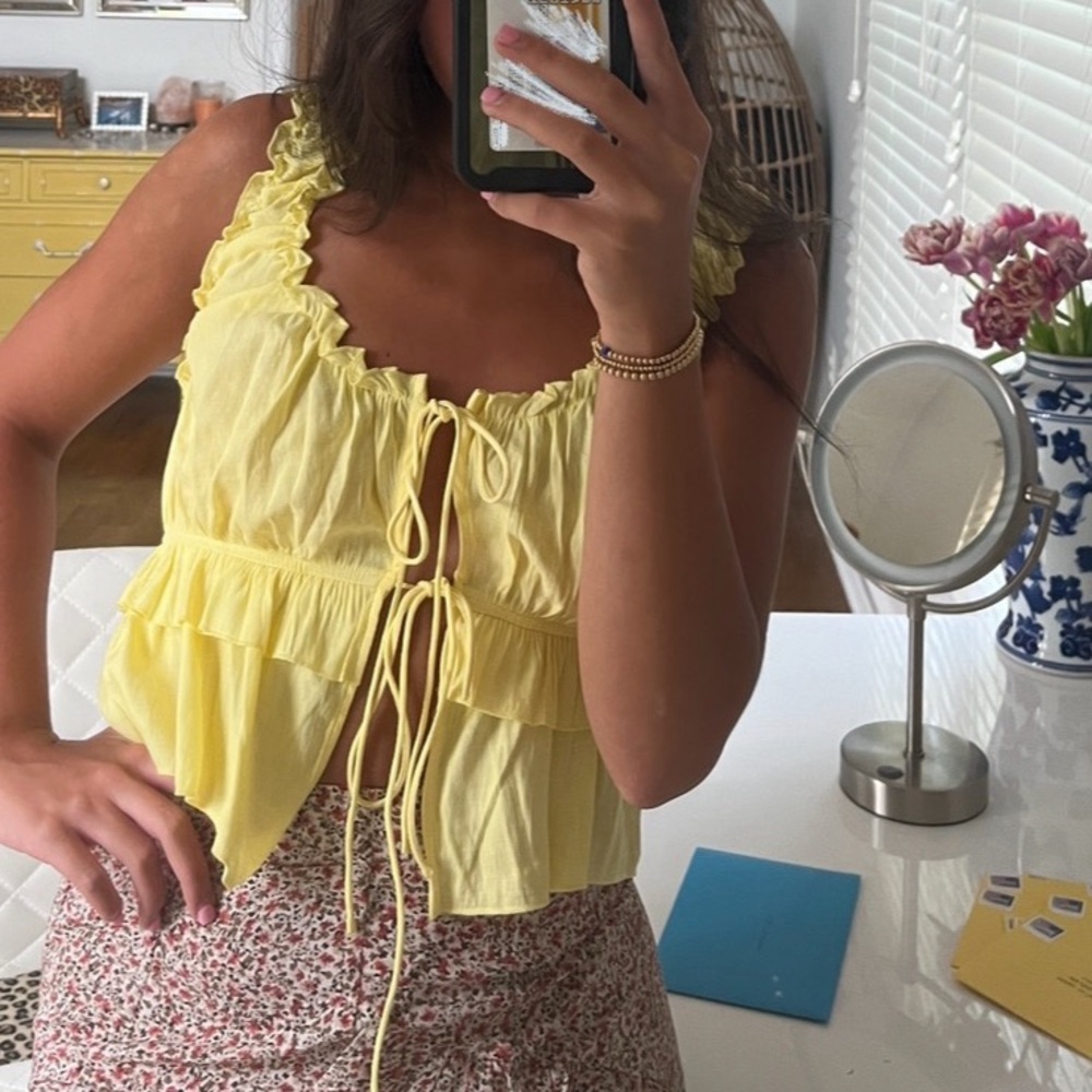 Cotton Candy Yellow Ruffled Tie-Front Cropped Tank